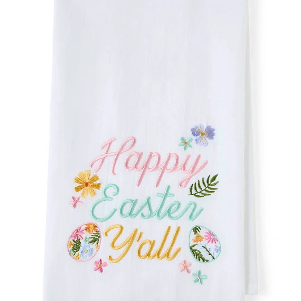 Easter White Embroidered 'Y'all' Kitchen Towel - Pastel Floral